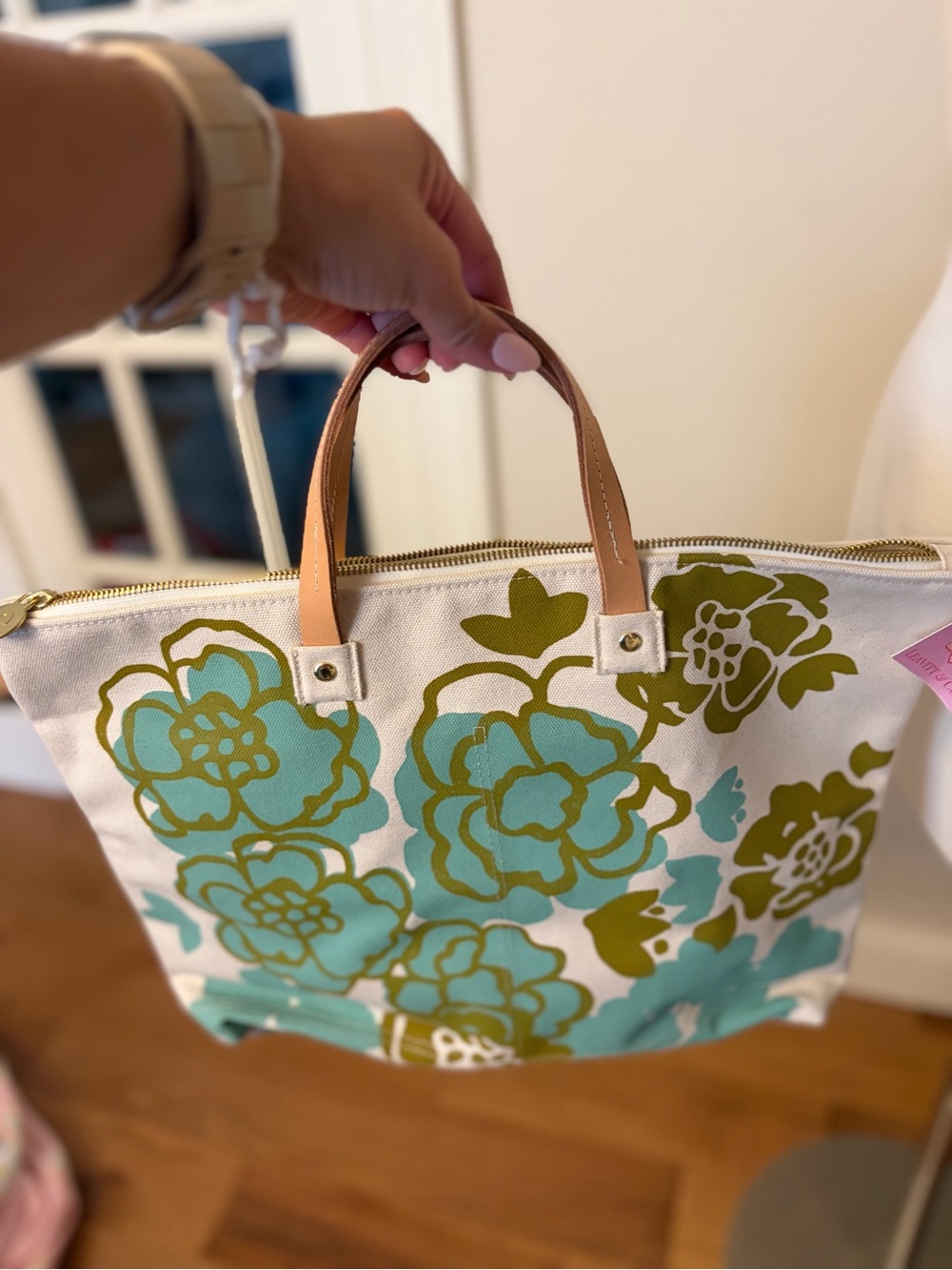 Canvas Floral Tote Bag with Leather Handles - White, Teal & Olive